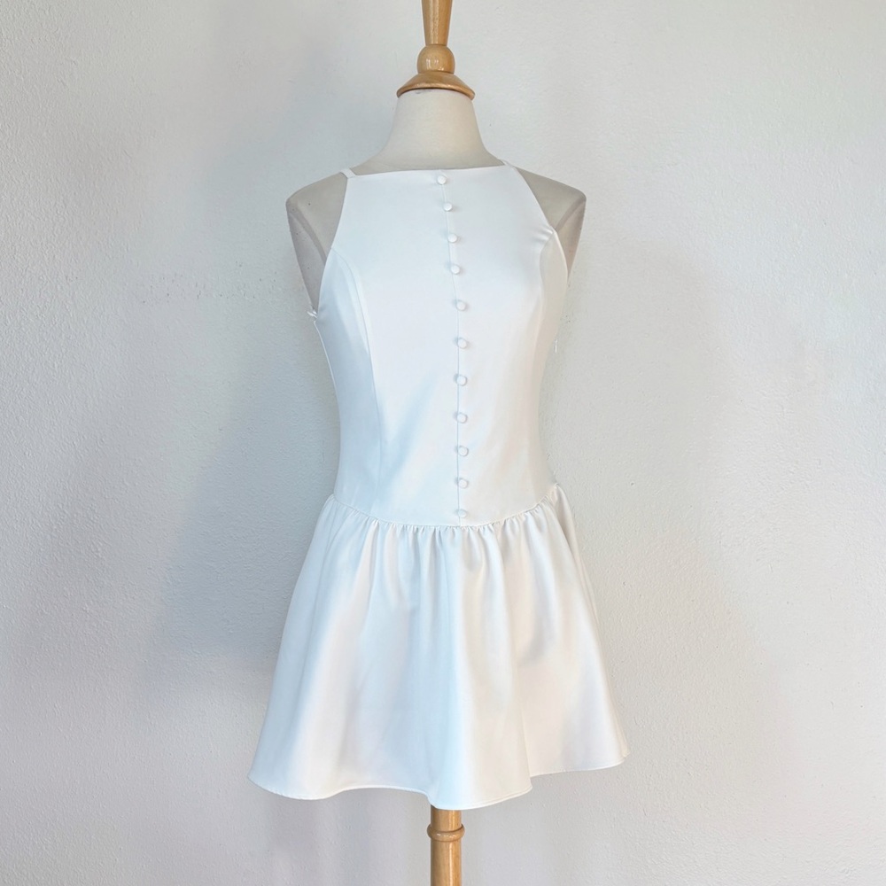 Solid White Drop Waist Sleeveless Button Front Dress